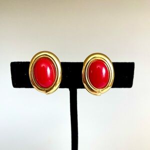 Monet Vintage Red Cabochon Oval Clip Earrings Gold Plated Signed 1980s Statement